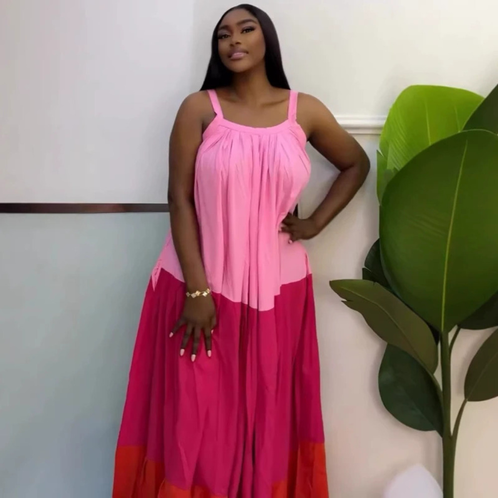Casual Plus Size Color Block Spaghetti Strap Dress African Flared